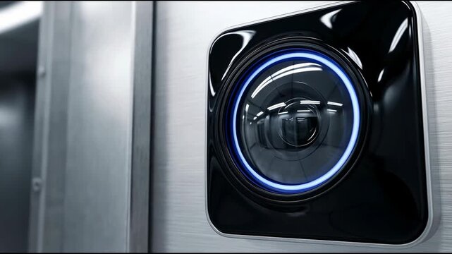 Futuristic security camera with blue light ring monitoring a server room hallway. Digital surveillance for modern data center and information security.