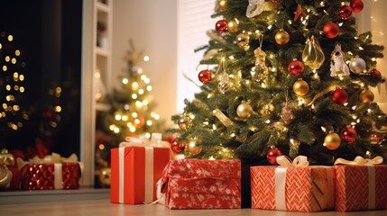 Cozy Christmas Living Room Scene with Decorated Tree, Warm Lights, and Pile of Gift-Wrapped Presents