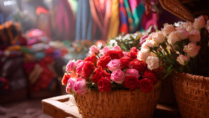 Obraz premium A marketplace setting with fresh roses arranged for sale, emphasizing floral decoration