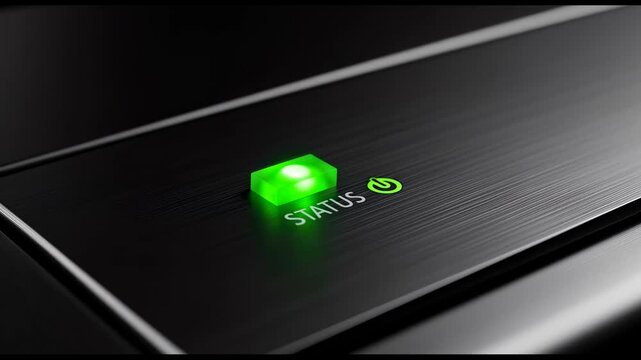 Green status light on machine indicating active service. Power button with on state for backend equipment operation. Network server activity.