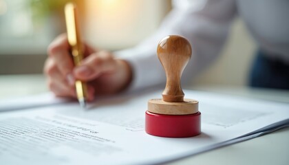 Naklejka premium Hand with pen signs legal paper near red rubber stamp. Official document signing process, business agreement or contract. Businessperson completes paperwork with notary approval.