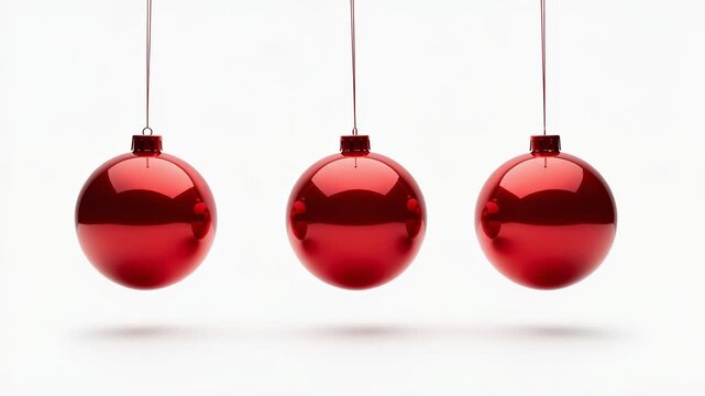 Three shiny red Christmas ornaments hanging against a white background festive holiday decoration