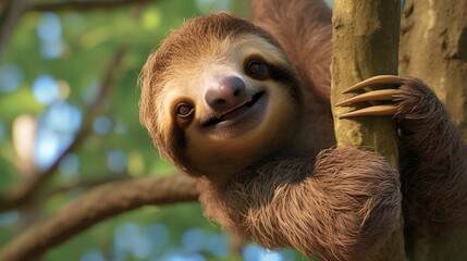 Fototapeta premium Curious Smiling Sloth Clinging to a Sunlit Tropical Tree Branch in Lush Rainforest