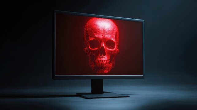 A desktop computer monitor in a dark studio setting displaying a bright glowing red skull made of digital dots, representing hacking, malware, and cyber warfare.
