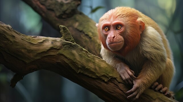 Curious young capuchin monkey clinging to a mossy branch in a lush rainforest canopy