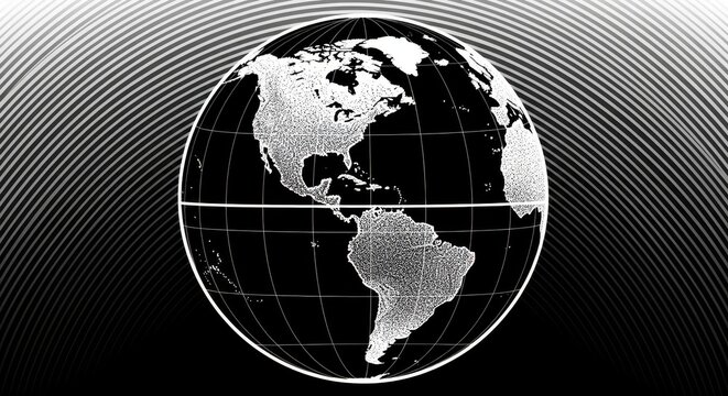 Stylized black and white globe of the Americas with a radiating concentric line background