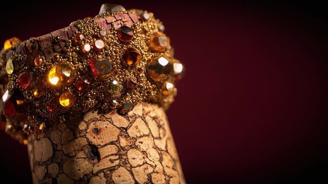 Close up of vintage cork stopper adorned with sparkling amber gemstones and intricate beadwork on dark background