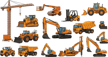 Large construction machinery collection featuring excavators, bulldozers, cranes, loaders, forklifts and dump trucks for engineering, mining and building industry isolated on white background © Shoentesh
