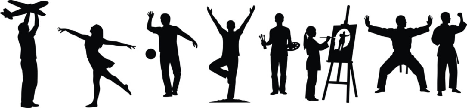 Diverse collection of people silhouettes engaging in various hobbies like yoga, painting, martial arts, dancing, and sports cad drawing flat vector illustration