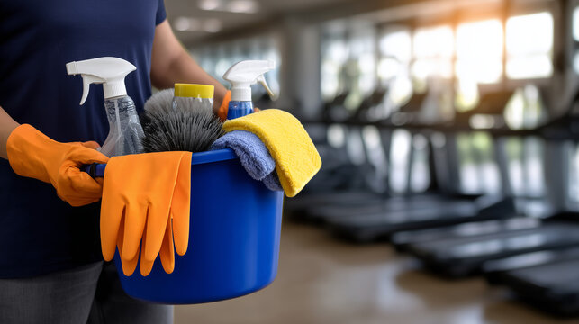 Person holding a blue bucket of cleaning supplies with orange gloves, including spray bottles, brushes, and cloths, background of gym equipment blurred, sunlight highlighting tools