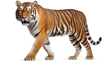 Obraz premium Elegant Bengal tiger strolling gracefully with distinctive orange fur and bold black stripes against a white studio backdrop