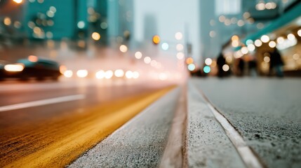 Fototapeta premium A foggy city street scene showcases blurred lights and moving cars, creating an atmosphere of mystery and vibrancy in an urban environment filled with movement and energy.