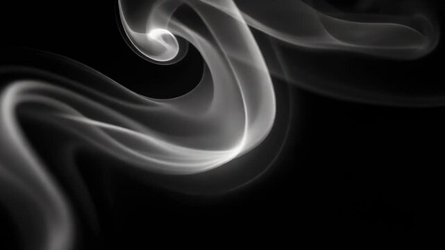 Abstract white smoke swirling on black background with smooth flowing curves and patterns