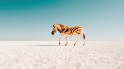 Fototapeta premium A solitary zebra strides confidently across a vast sandy landscape, its distinctive stripes showcasing nature's artistry and unique beauty in the wild.