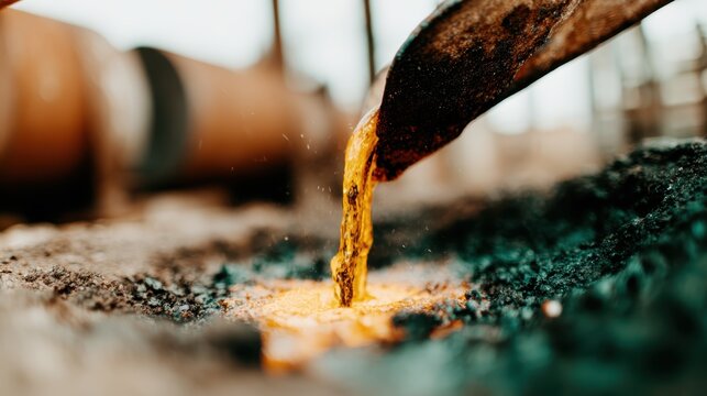 A close-up of vibrant golden liquid pouring from a shovel into the earth, symbolizing labor and transformation, encapsulating the essence of hard work and the beauty of nature.