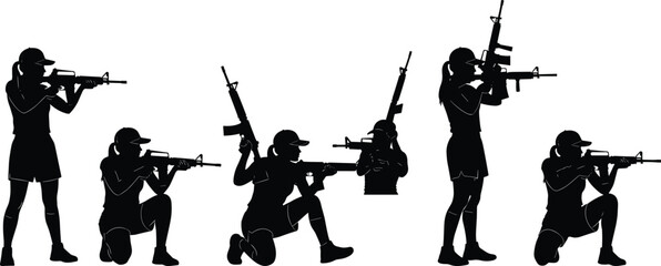 Silhouette set of female soldiers aiming rifles in different shooting positions, tactical military training poses isolated on white background, women in combat concept © Shoentesh