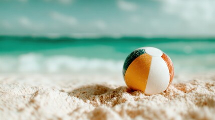 Obraz premium A vibrant beach ball stands out on a serene sandy beach, reflecting a joyful summer atmosphere highlighted by crystal-clear waters and a bright blue sky.