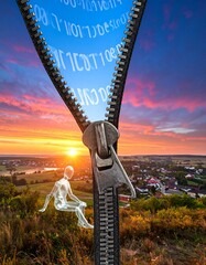 Unzipping reality to reveal digital matrix sky at sunset.