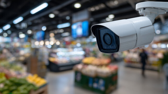 Close-up of a bullet CCTV camera with lens angled downwards, supermarket shelves and product displays softly blurred behind, ambient light highlighting metallic textures, concept o
