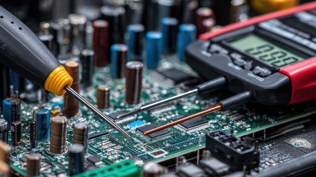 Precision Testing with Multimeter Probes on Circuit Board Components