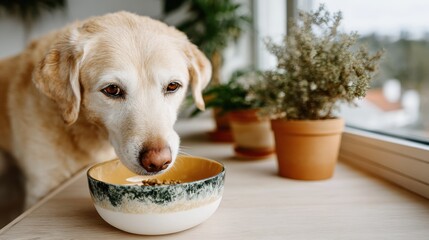 Fototapeta na wymiar A devoted yellow lab eagerly enjoys its meal by the window, surrounded by greenery, highlighting the bond between pets and their homes and the warmth they bring.