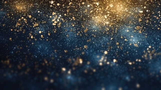 Glittering Golden Particles Adorning a Deep Blue Night Sky with Soft Glow
