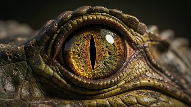 Close up of a crocodile eye showing detailed textured skin and vibrant colors in wildlife nature