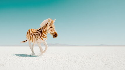 Fototapeta premium A striking zebra, showcasing its unique striped pattern, galloping gracefully across an expansive desert landscape under a clear blue sky, evoking a sense of freedom.