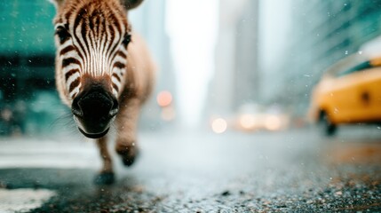 Fototapeta premium An unexpected sight of a zebra confidently walking through misty city streets, showcasing the contrast between wildlife and urban life in a vibrant metropolitan setting.