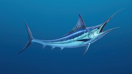 Obraz premium Graceful Blue Marlin Gliding Through Deep Ocean Waters Beneath Subtle Sunlight and Currents