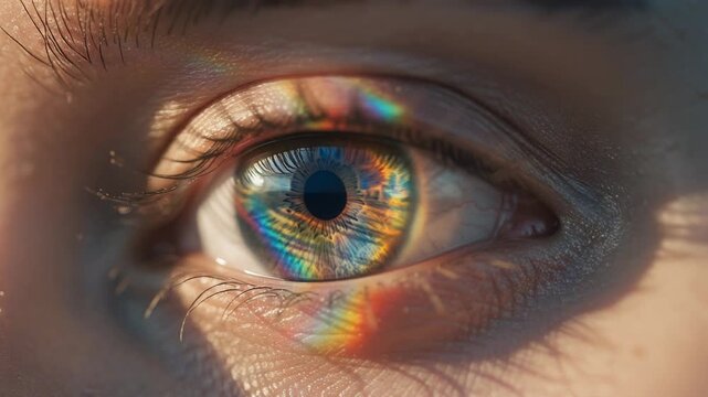Close up of human eye with colorful rainbow reflections and detailed eyelashes in natural light