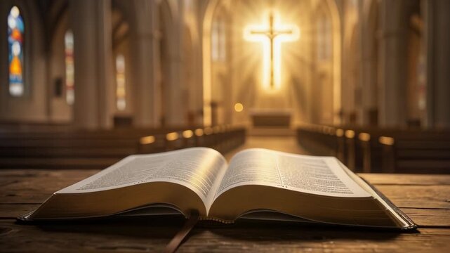 Open Bible in church with glowing cross and warm sunlight shining through stained glass windows