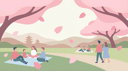 Fototapeta premium Couples friends family stroll and picnic beneath blooming cherry blossom trees in pastel spring park, with falling petals, winding paths, pagoda. peaceful, romantic atmosphere. festival in japan sakur