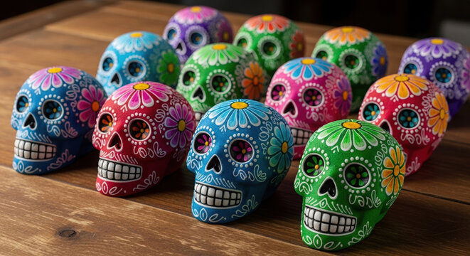 Colorful decorative sugar skulls arranged on wooden table  