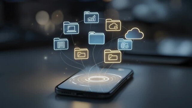 Smartphone with digital cloud storage and file folder icons representing data management technology