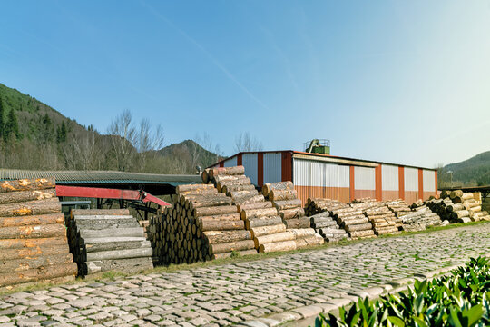 bois en scierie sous ciel bleu