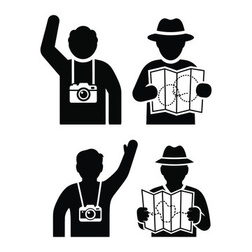 Four silhouetted tourists with camera and map
