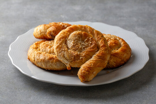 Traditional delicious Turkish phyllo stuffed with spinach, cheese (Turkish name; Gul borek or gul boregi) Rose shaped pastry.