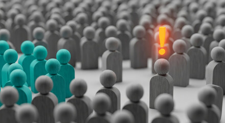 Obraz premium A crowd of gray wooden figures with blue group and yellow sign, representing leadership, awareness, or solution within a group, business or social concept