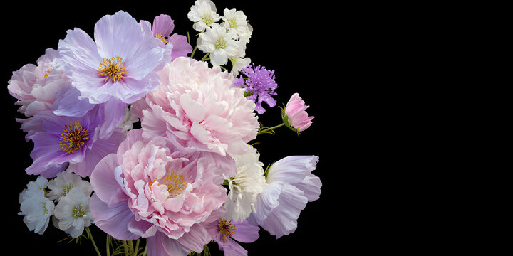 Romantic bouquet of pastel flowers on black background. For Birthday, Valentine's Day greeting banner, card. Lilac and pink peonies, white cosmos, and purple flowers. AI image. Copy space for text.