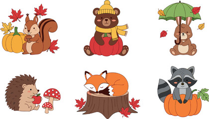 Fototapeta premium Cute autumn forest animals vector set with squirrel, bear, hedgehog, fox, raccoon and pumpkins cartoon fall illustration