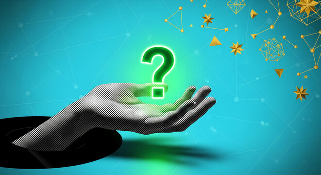 Halftone hand holding green question mark, representing curiosity, uncertainty, and solutions in a futuristic environment with gold geometric shape