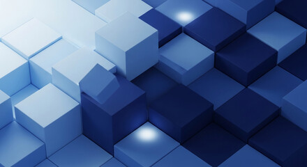Obraz premium Composition of blue cubic shapes with soft light, creating geometric design, representing structure and dimension, suitable for tech or abstract visuals