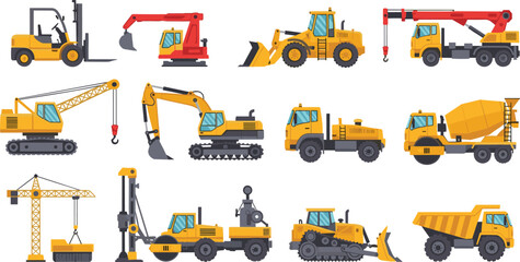 Construction machinery collection featuring excavator, bulldozer, forklift, cranes, dump truck, concrete mixer and road roller for engineering and building industry isolated on white background © Shoentesh