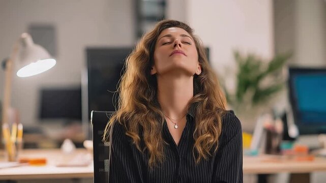 A fatigued office worker sits at a messy desk with eyes closed practicing deep breathing exercises under soft warm light seeking tranquility in the midst of a hectic work environment.