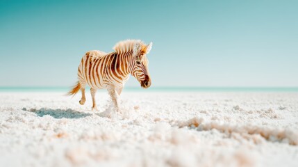 Fototapeta premium A zebra strides gracefully across a white salt flat beach under a clear blue sky, blending environmental wonder and wildlife beauty, highlighting the uniqueness of nature's creations.