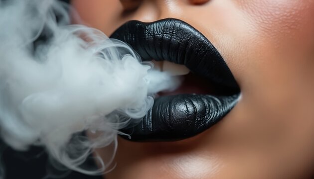 Woman blows out smoke from dark lipstick lips. Closeup of mouth exhaling vapor clouds. Beauty and style with sensual lips and makeup. Nostril and skin detail.