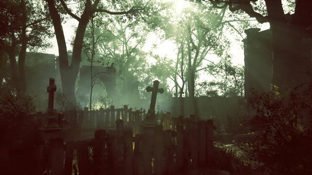 Crumbling graveyard bathed in diffused light, weathered crosses, overgrown paths, shattered headstones, creeping vines, heavy mist, cinematic horror tone,