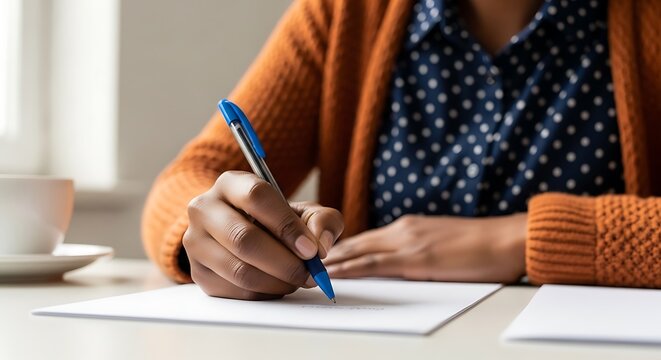 A person with dark skin writes on a white paper at a table, close up of hand