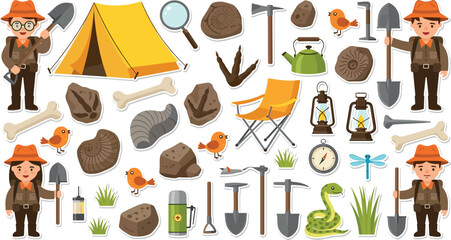 Archaeology tools and excavation vector set with tent, fossils, pickaxe, shovel and explorer cartoon illustration © Yevhenii creative